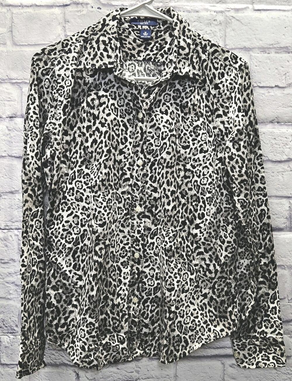 Chaps Leopard Print Button Up Shirt Womens Medium Black White Cotton Long Sleeve